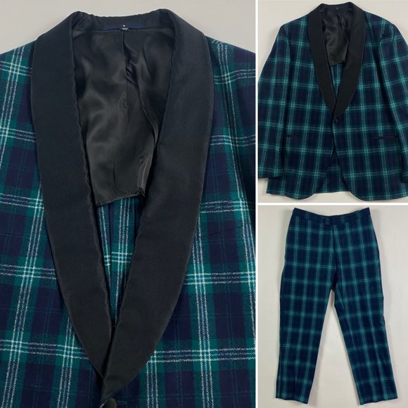 SUITSUPPLY Shawl Collar Plaid Tuxedo Suit Jacket Pants Mens 42 Blackwatch Tartan - Picture 1 of 16